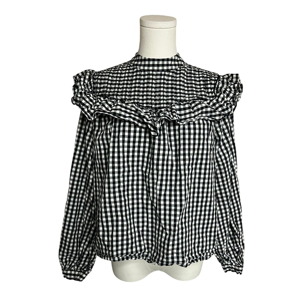 Gingham Ruffle Smocked High Neck Blouse Balloon Long Sleeve Top Cottagecore